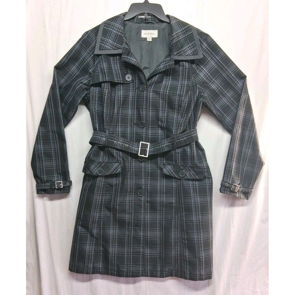 Black Plaid Women 2XL Long Line Trench Coat Spring Rain Water Resistant Academia